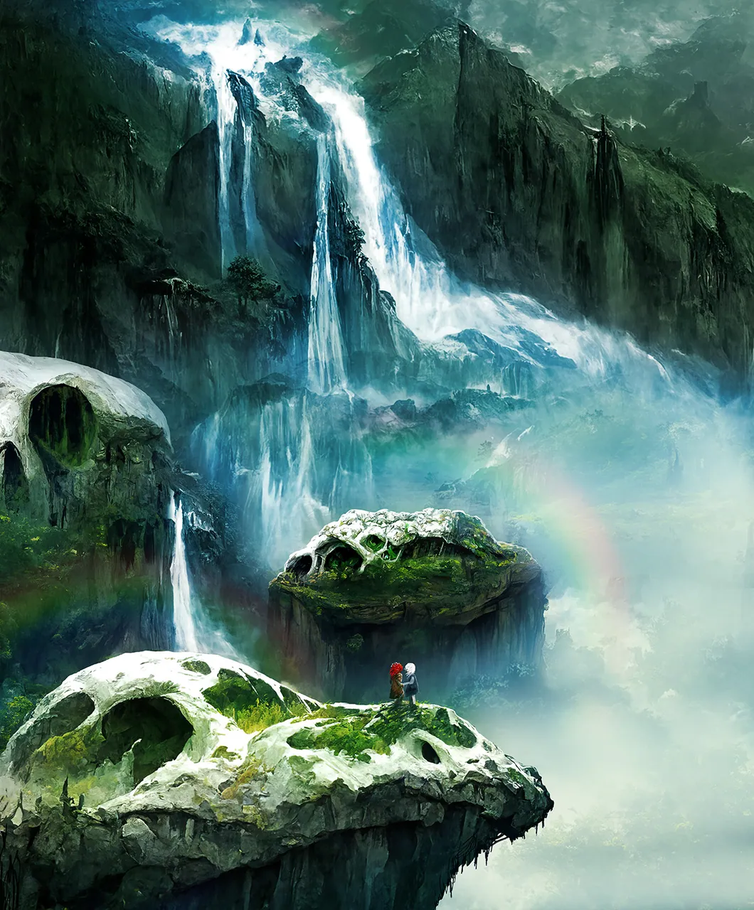 Juni and Alessi stand on a giant skull-home overlooking a massive waterfall and misty chasm.