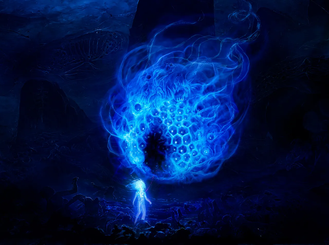 Juni's soul stands before a massive, glowing blue, many-eyed hollow beast in a dark void.