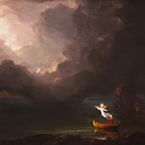 A painting of a small boat with two figures under a dramatic, cloudy sky.