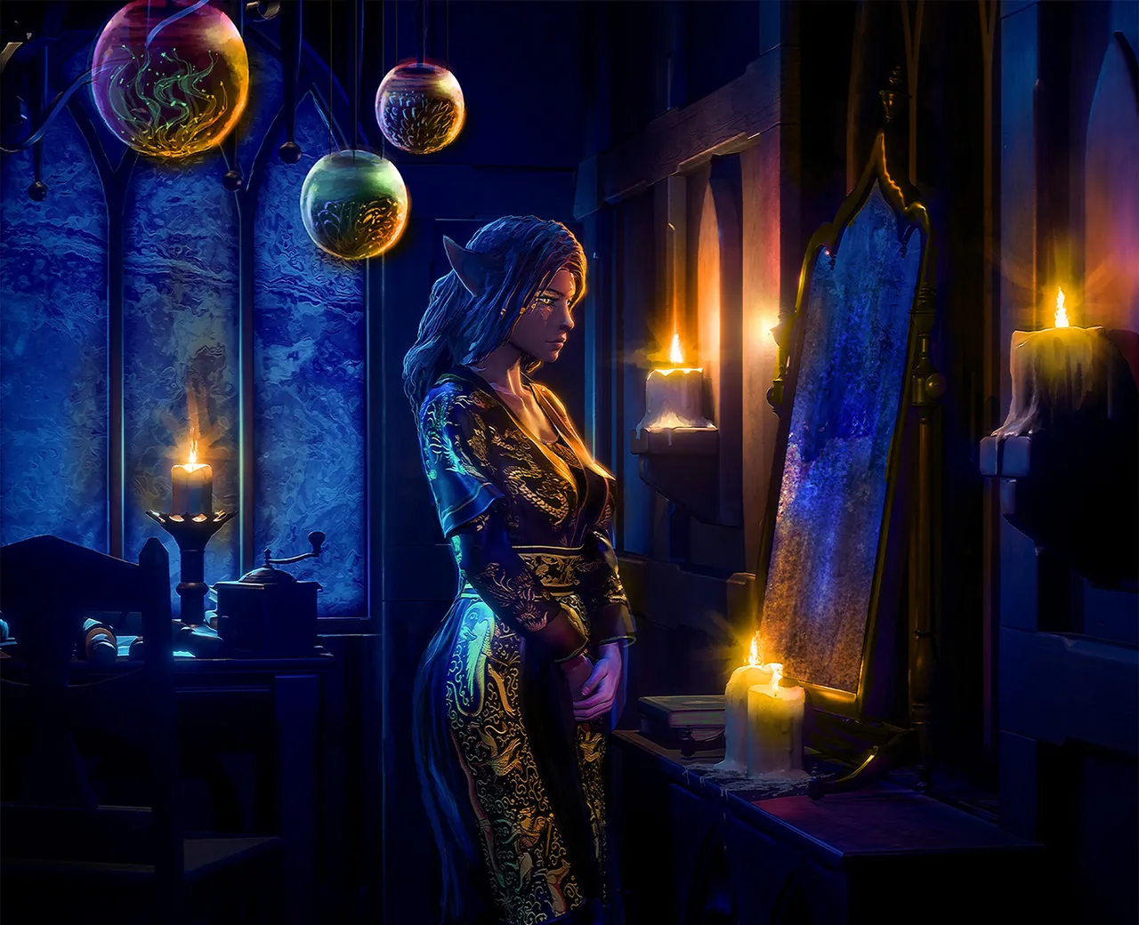 Celes Rada stands in a candlelit room, gazing into a tall, ornate mirror.