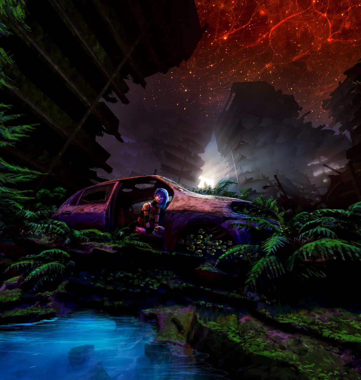 Ash Sparks sits in a rusted car wreck amidst overgrown ruins under a red cosmic sky.