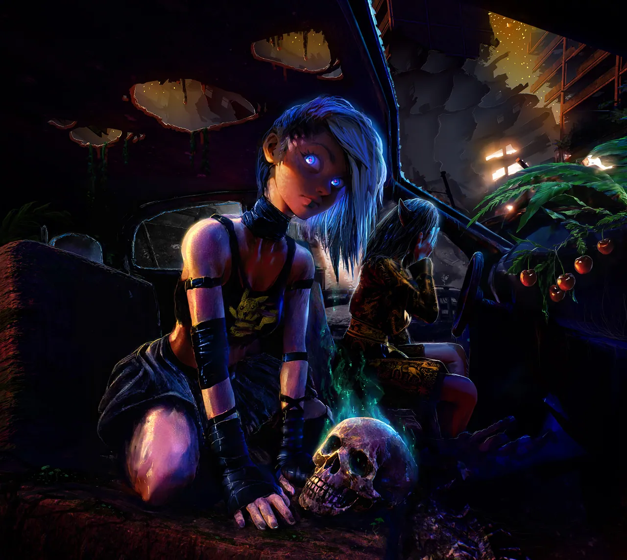 Ash Sparks with glowing eyes and a Pikachu shirt kneels in a wrecked car, touching a skull.
