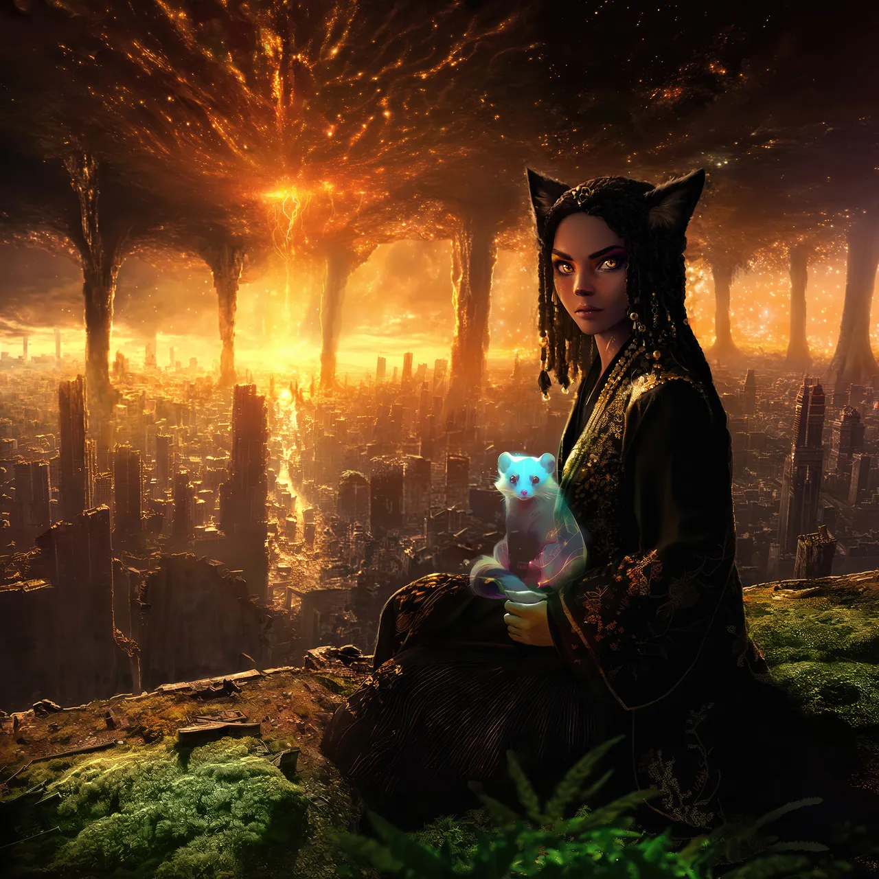 Celes Rada sits on a mossy ruin with Knipz, overlooking a city beneath Lord Boundless Chorus.