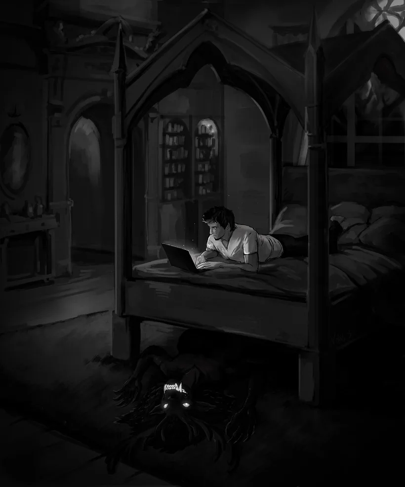 A man lies on a gothic four-poster bed using a laptop while a shadowy cryptid lurks underneath.