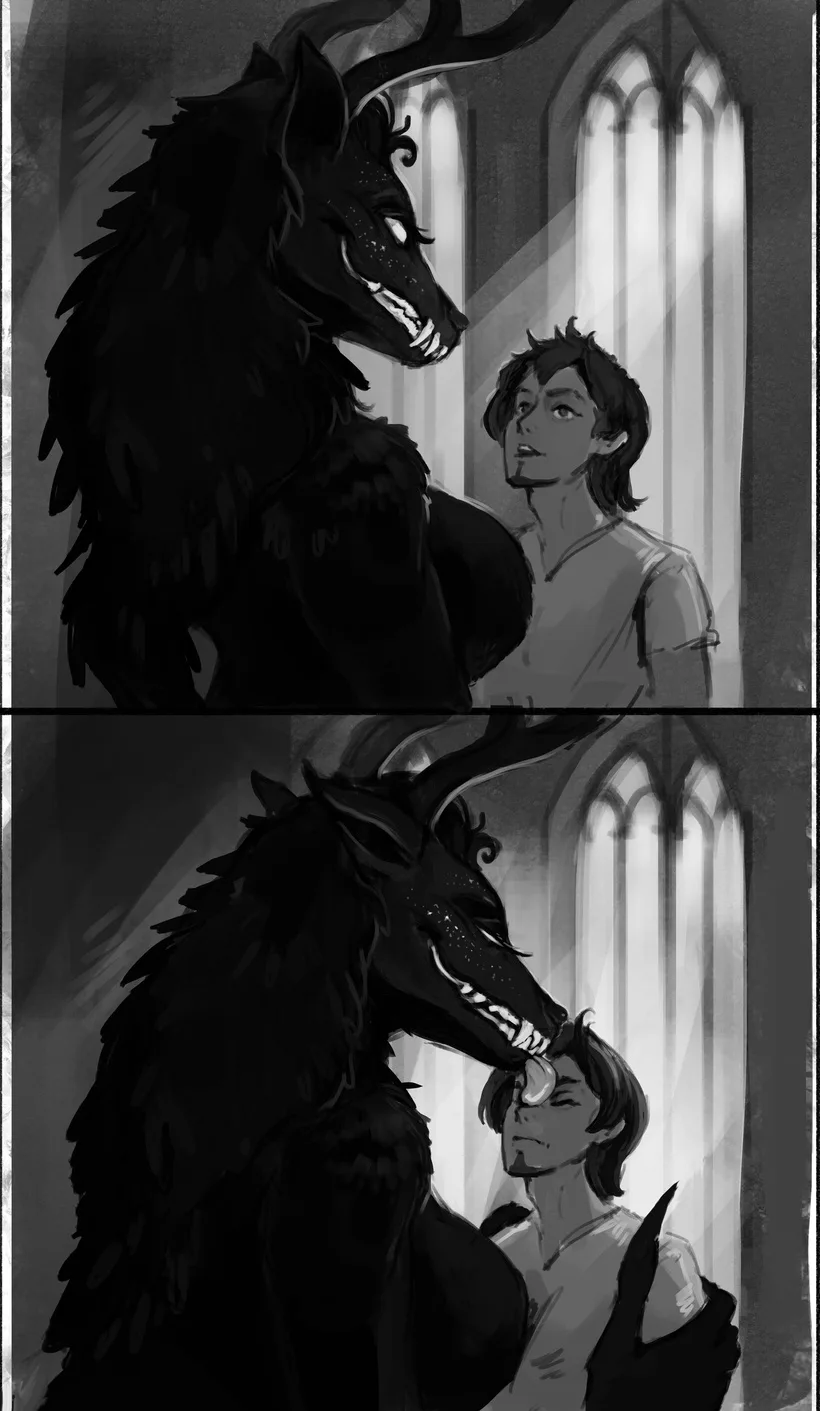 A large, dark, horned beast with a wolf-like head stands beside a young man in a gothic hall.