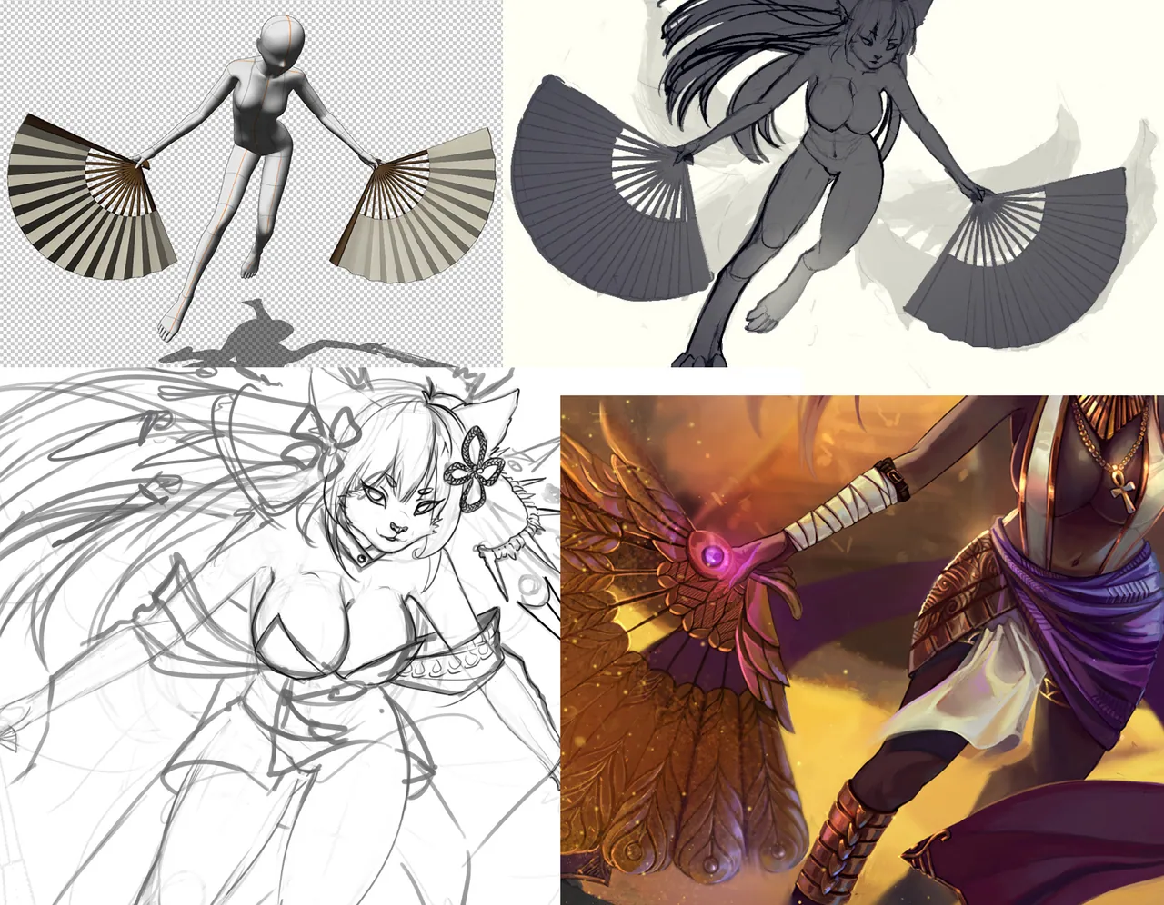 A four-panel character concept art sheet showing the design process for a female figure with fans.