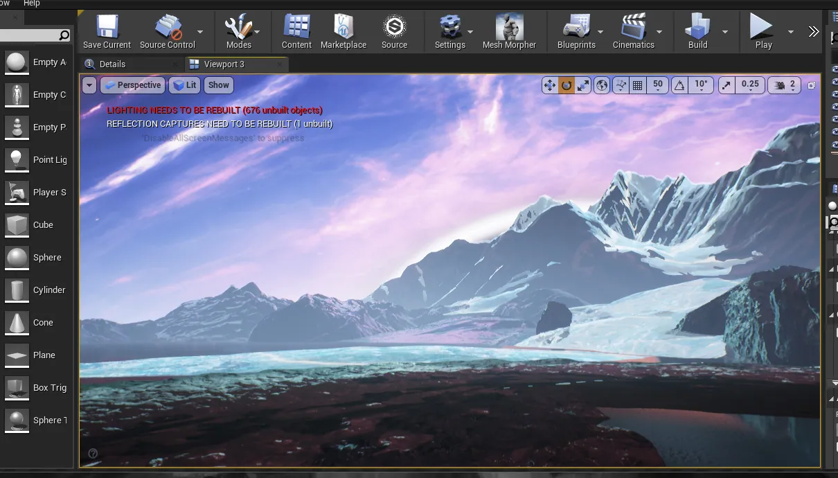 Unreal Engine viewport showing a snowy mountain landscape with purple sky.