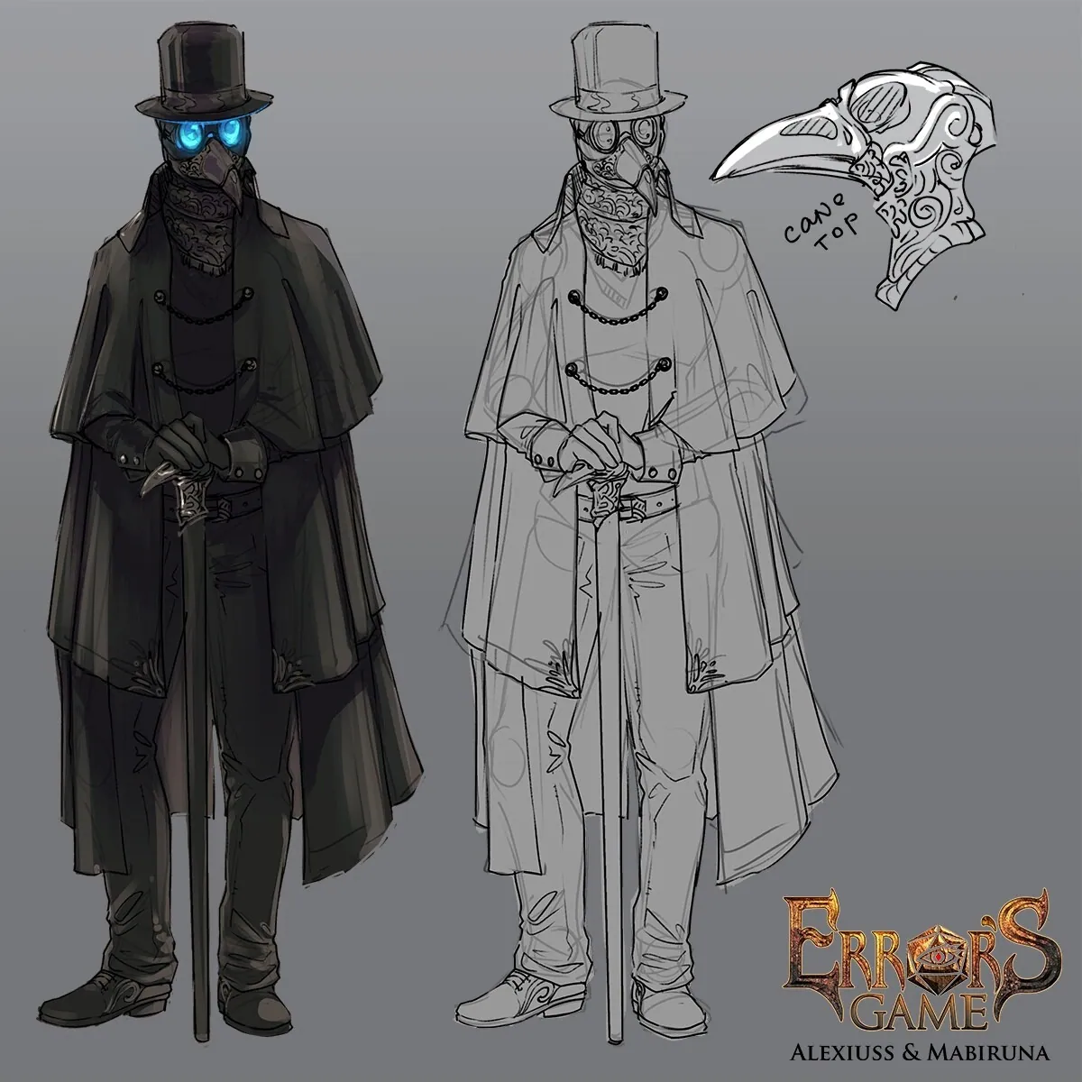 Character concept art of a plague doctor figure in a top hat and coat holding a cane.
