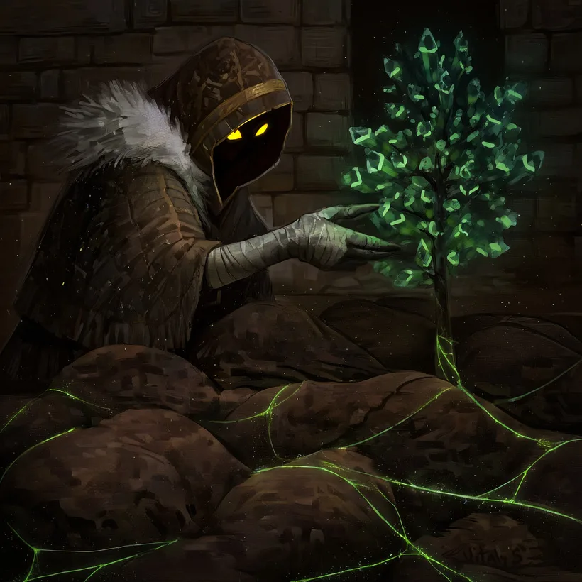 Vesna in a hooded shawl with glowing yellow eyes gently touches a glowing green crystal tree growing from corpses.