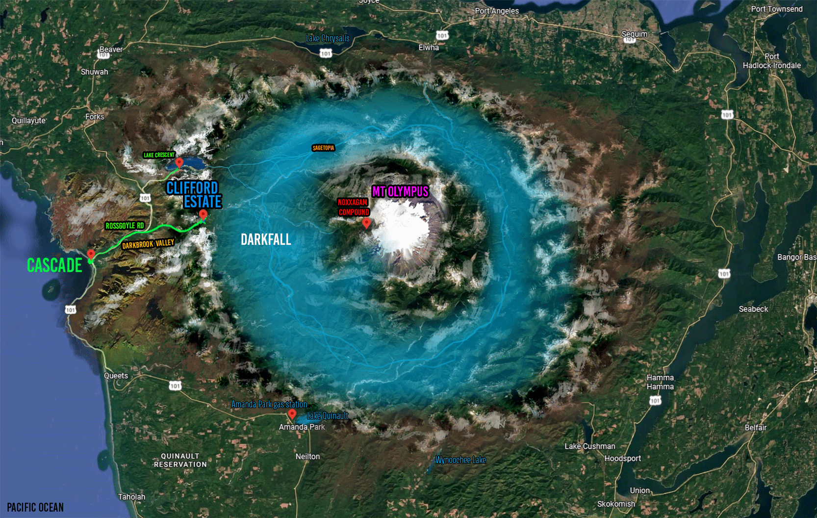 A map of the Pacific Northwest showing the fictional Darkfall crater and Mt Olympus.