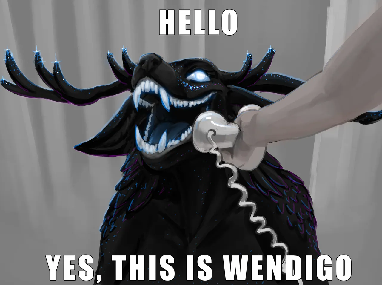 Shady, a black Wendigo with glowing antlers, holds a phone receiver to her mouth.