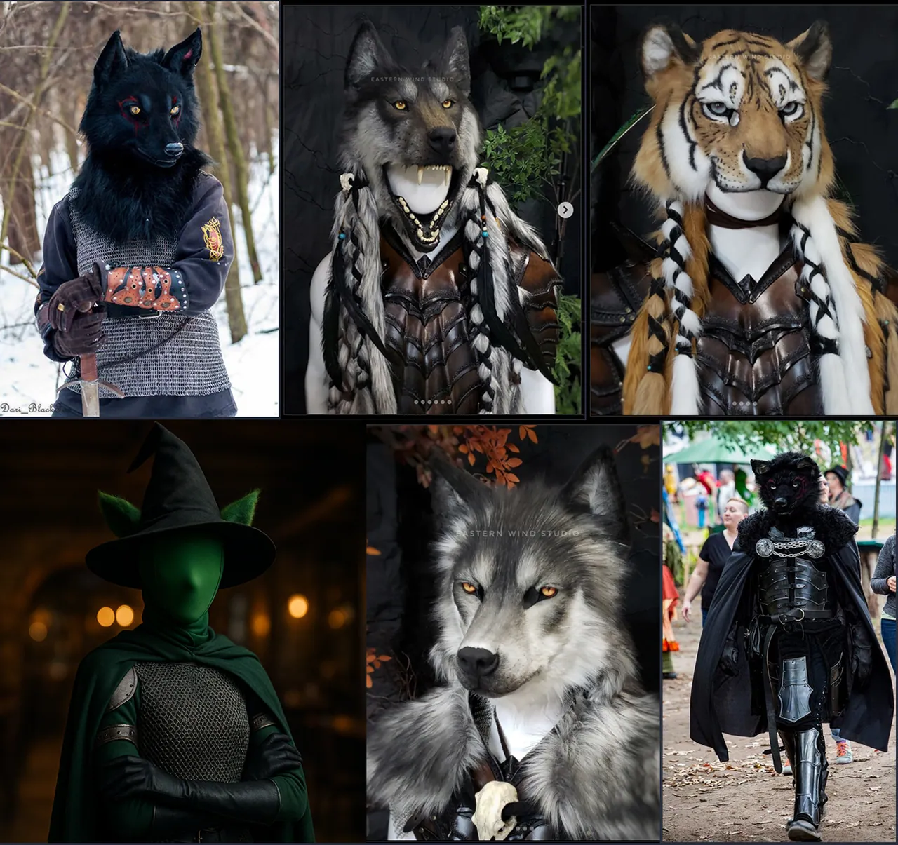 A collage of six photos showing LARPers in realistic animal heads and medieval armor.