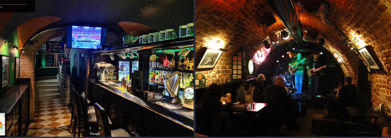A split view of Molly Malone pub in Warsaw, showing the bar and a live band.