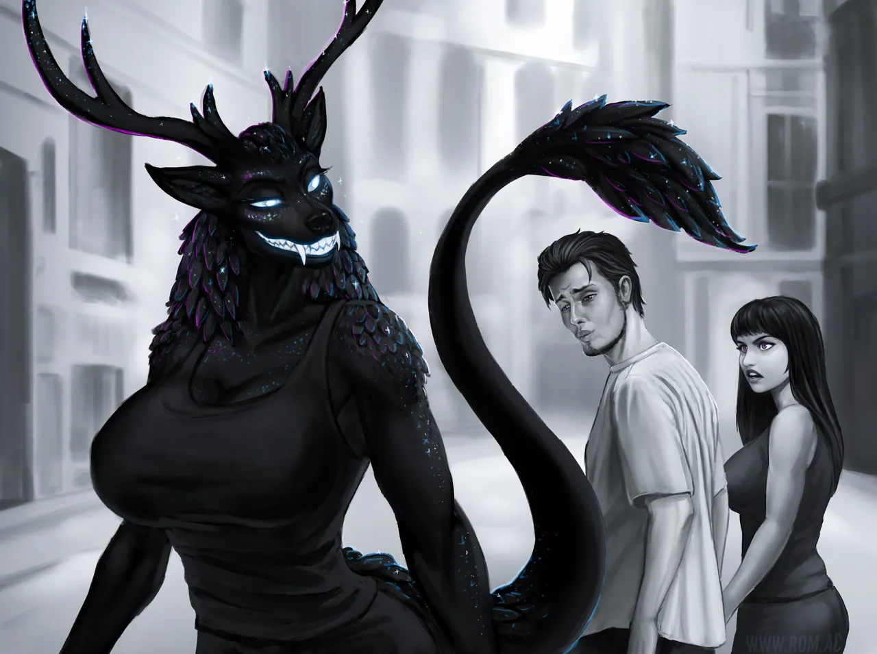 Shady, Ash, and North stand together in a grayscale urban street.