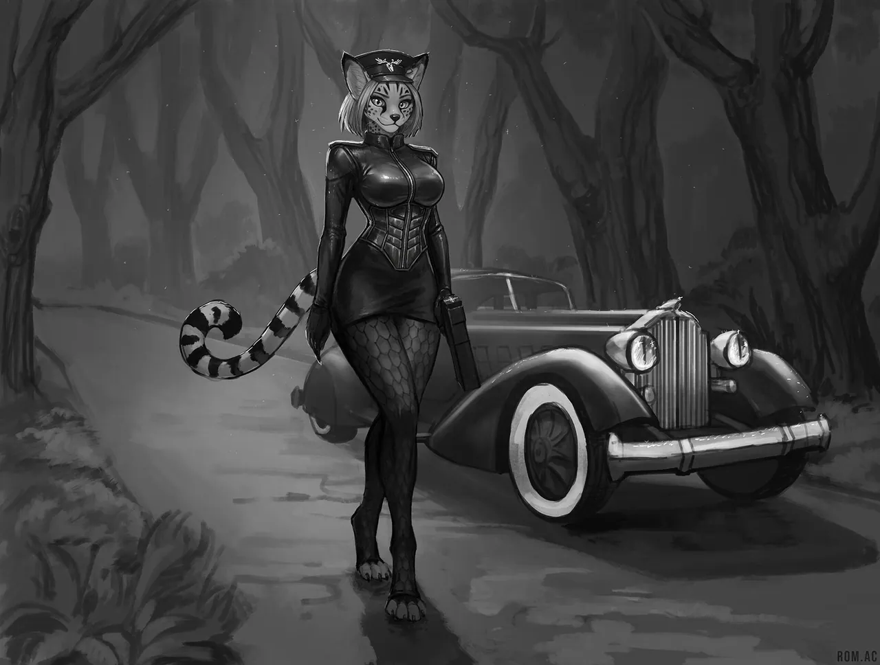 Marshal Nexxali stands in a dark forest wearing a leather uniform and holding a gun next to a vintage car.
