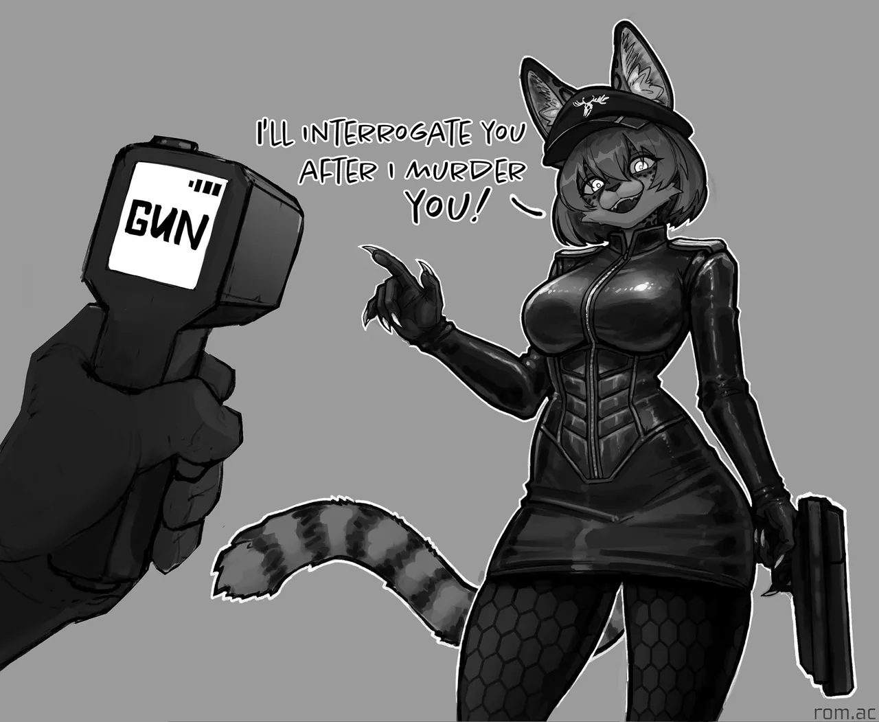 Nexxali in a black uniform points at a gun-shaped character labeled 'GUN'.