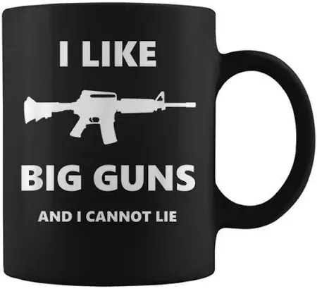 A black coffee mug with white text and a rifle silhouette.