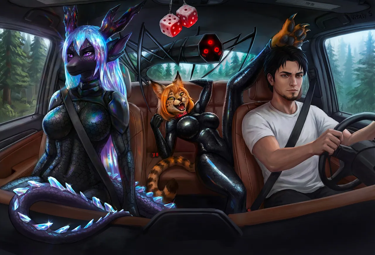 Ash drives a car with Galateya and Nexxali in the back, Keiy hanging from the ceiling.