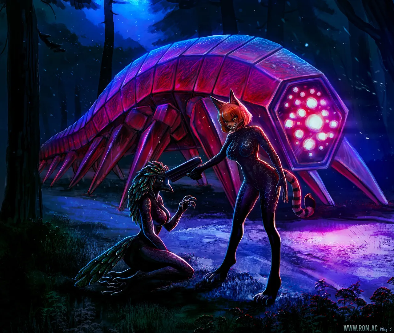 Nexxali holds a gun to Kawathra's head in a forest with a giant glowing insect behind them.