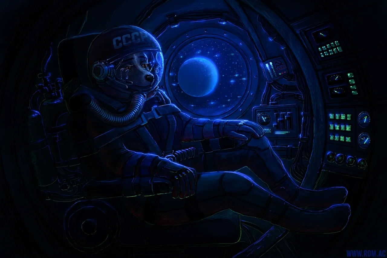 Laika, a dog-girl in a Soviet space suit, sits strapped in a cramped capsule, weeping as she stares out a porthole at a blue
