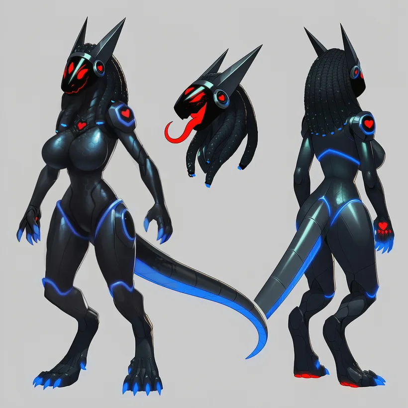 Katherine K. Belthys in a black geometric cyborg suit with glowing blue lines and red hearts.