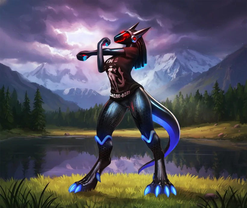 A black digitigrade cyborg with glowing blue accents stands on a grassy shore before a lake and mountains.