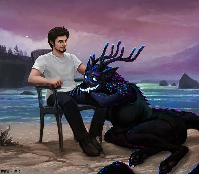 Ash Clifford sits in a plastic chair on a beach while Shady rests her head on his lap.