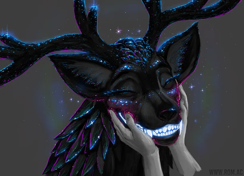Ash Clifford cups Shady's starry antlered face in his hands as she smiles with glowing teeth.