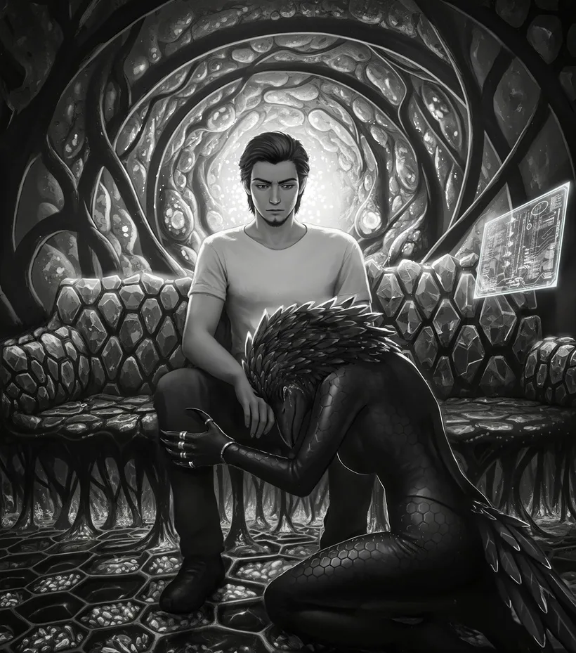 Ash Clifford sits on a hexagonal throne while Kawathra kneels before him.