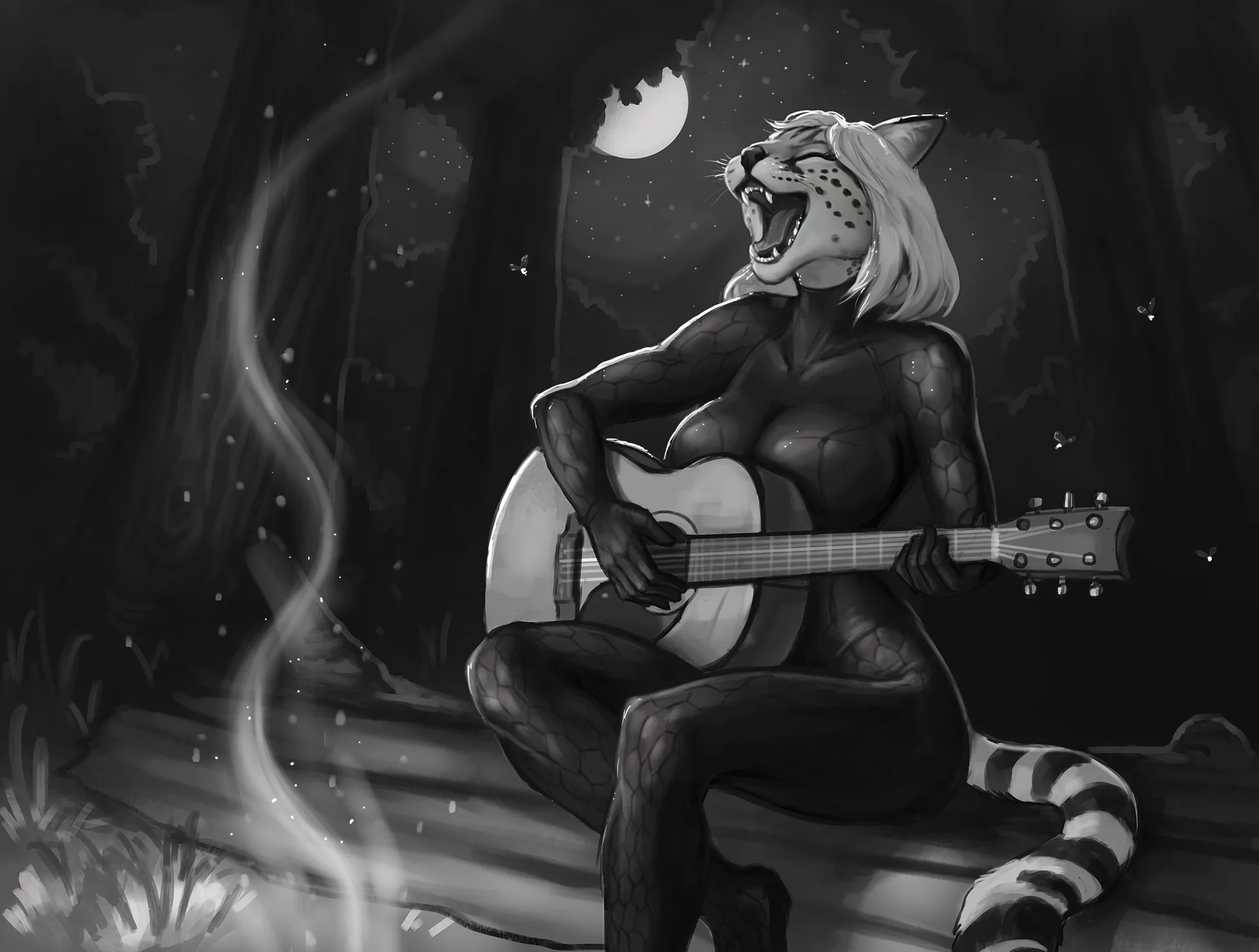 Nexxali, a serval woman in a black hexsuit, sings loudly while playing an acoustic guitar by a campfire at night.