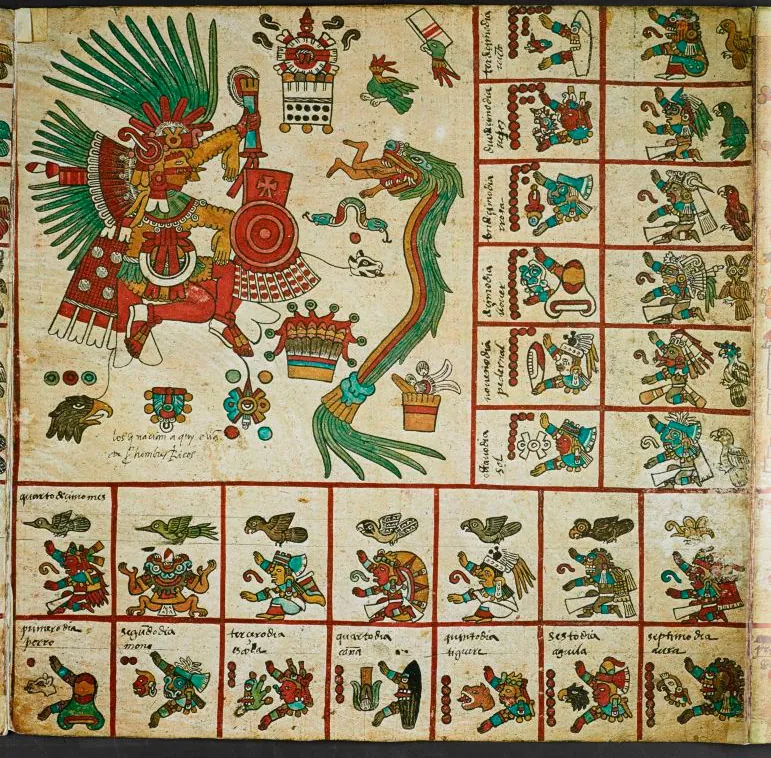 A page from the Codex Borbonicus showing Aztec deities and calendar glyphs.