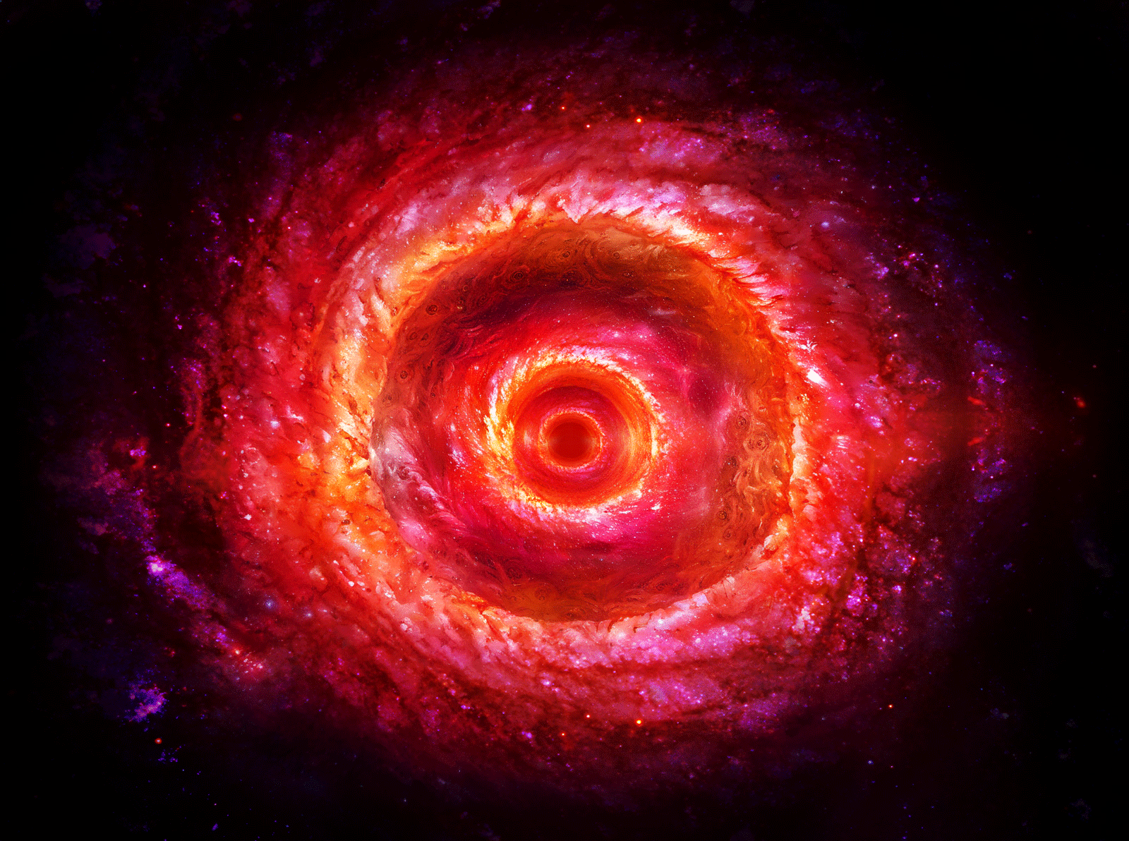 A swirling cosmic vortex of red, orange, and purple light spiraling into a dark center.