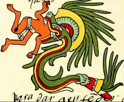 Cinder as a green Quetzalcoatl devouring a human figure in an Aztec-style illustration.