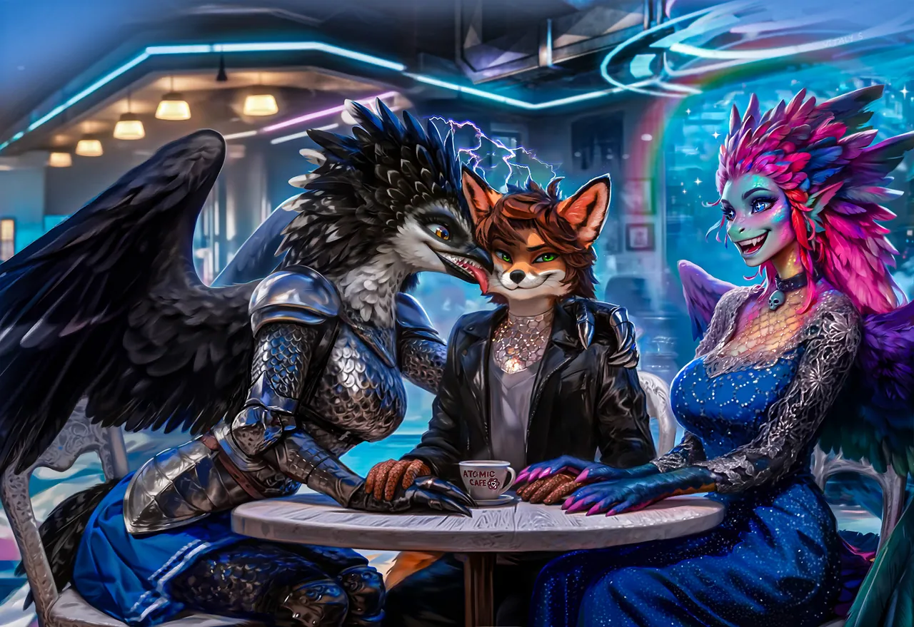 Vespera licks Lexxy's face while Cinder watches at a table in the Atomic Cafe.