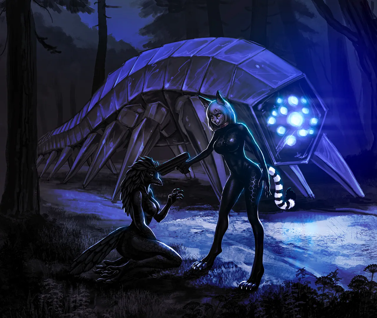 Nexxali holds a gun to Kawathra's head in a dark forest with a giant glowing centipede behind them.