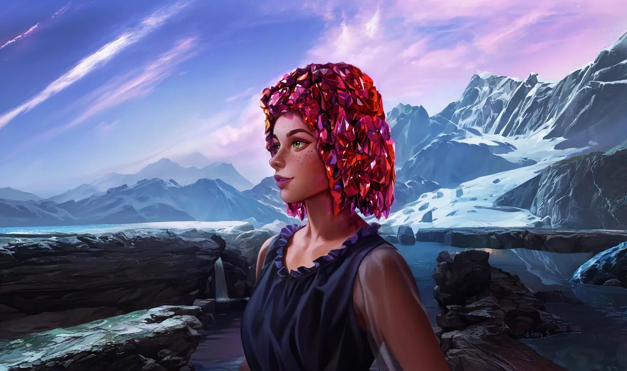 Kliss stands on a rocky shore, her hair made of red crystals, gazing at snow-capped mountains.