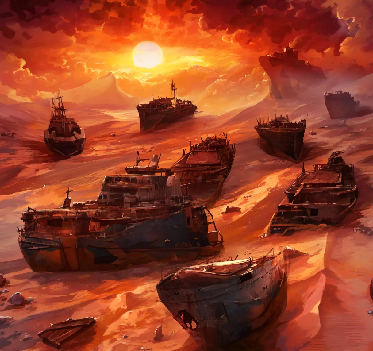 Rusted ships lie stranded in a vast orange desert under a blazing sun.
