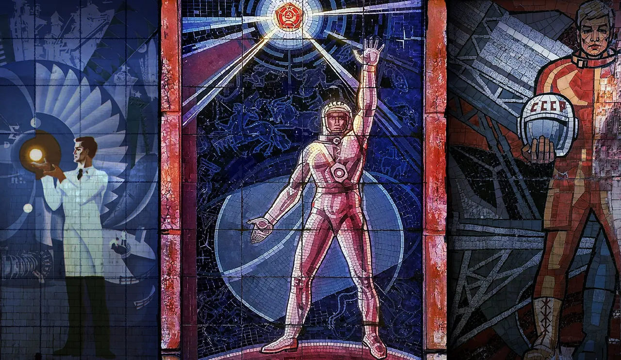 A cracked Soviet-style mosaic depicting Yuri Gagarin and a scientist holding a glowing orb.