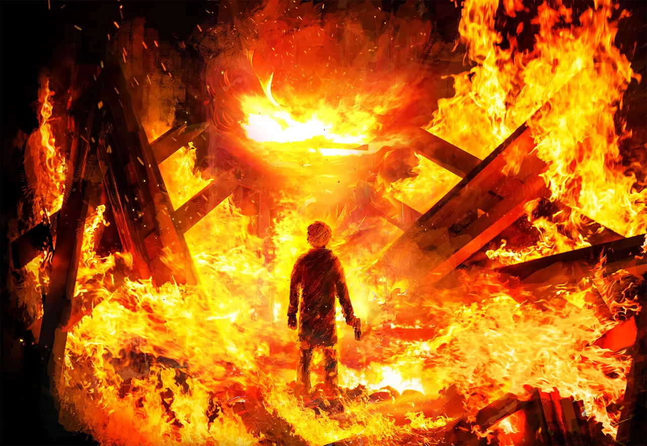 Dante Alan Skyisle stands in a burning lab as flames consume the structure around him.