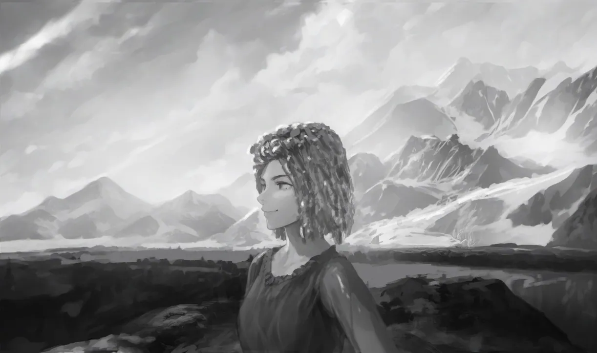 A woman with curly hair stands smiling before a vast, mountainous landscape.
