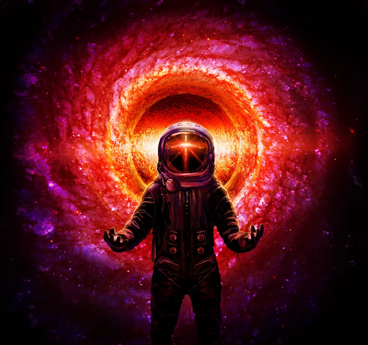 Yuri Gagarin in a white spacesuit stands before a swirling red and purple cosmic tunnel.