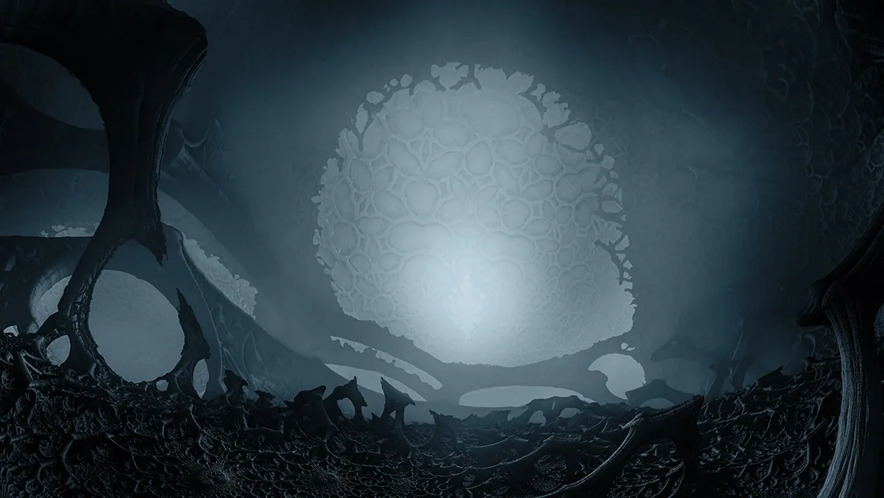 A vast, alien landscape of twisted, bone-like static structures under a glowing diatom-shaped sky.