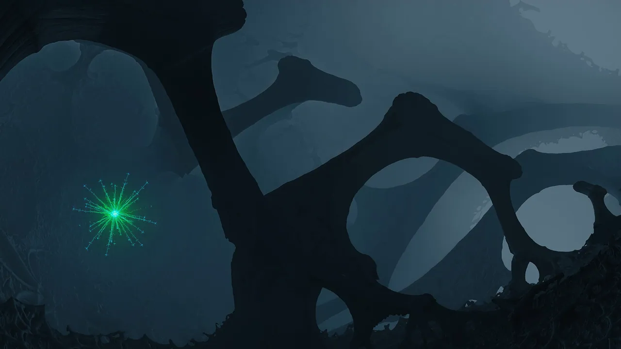 Dante's Astral form, a green star-shaped entity, floats in a dark, cavernous void filled with giant bones.