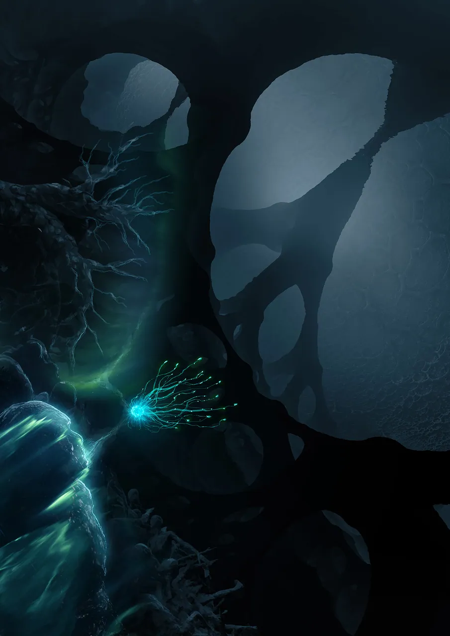 A glowing green star-shaped entity named Slava drifts near a massive, dark, porous diatom wall.