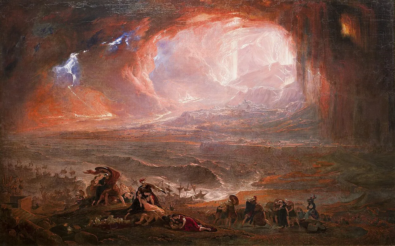 A painting of the Last Day of Pompeii with fleeing crowds and a glowing volcanic eruption.