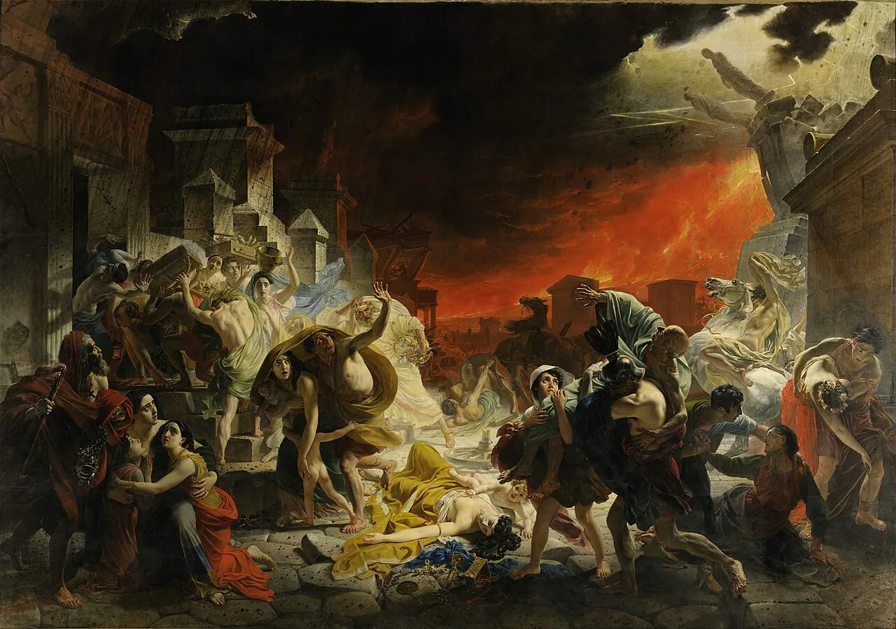 A chaotic scene of fleeing Romans amidst burning ruins and a dark, fiery sky.