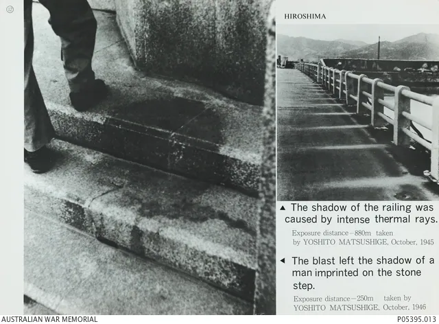 A black-and-white photo shows a human shadow etched into a stone step in Hiroshima.