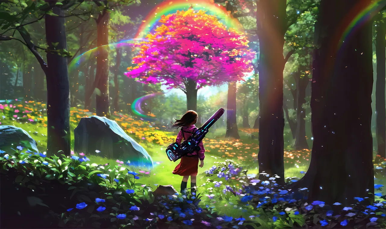 A girl with a futuristic rifle walks toward a glowing pink tree in a forest.
