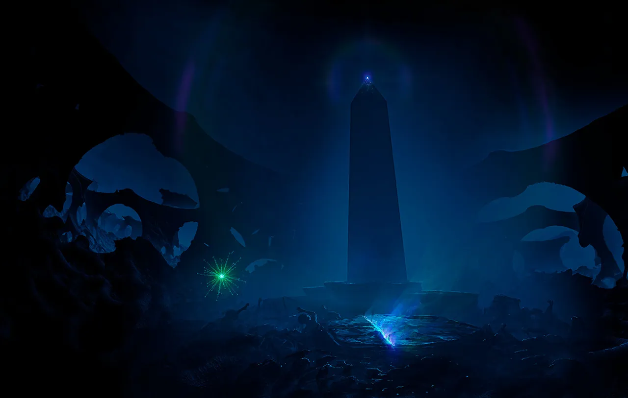 A glowing green star-shaped entity floats before a dark obelisk in a blue cavern.