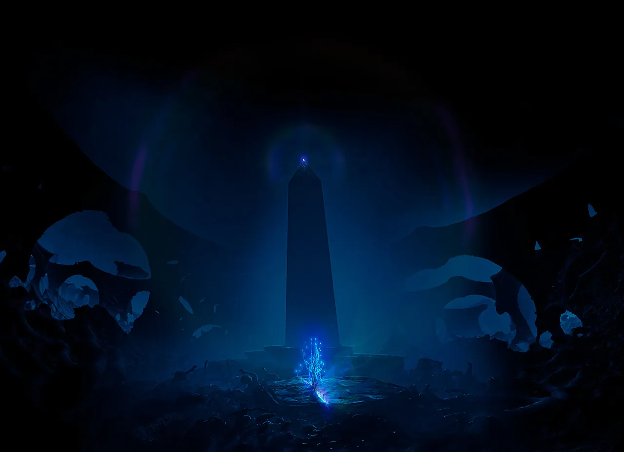 A glowing blue fungal sprout grows before a dark obelisk in a cavern.